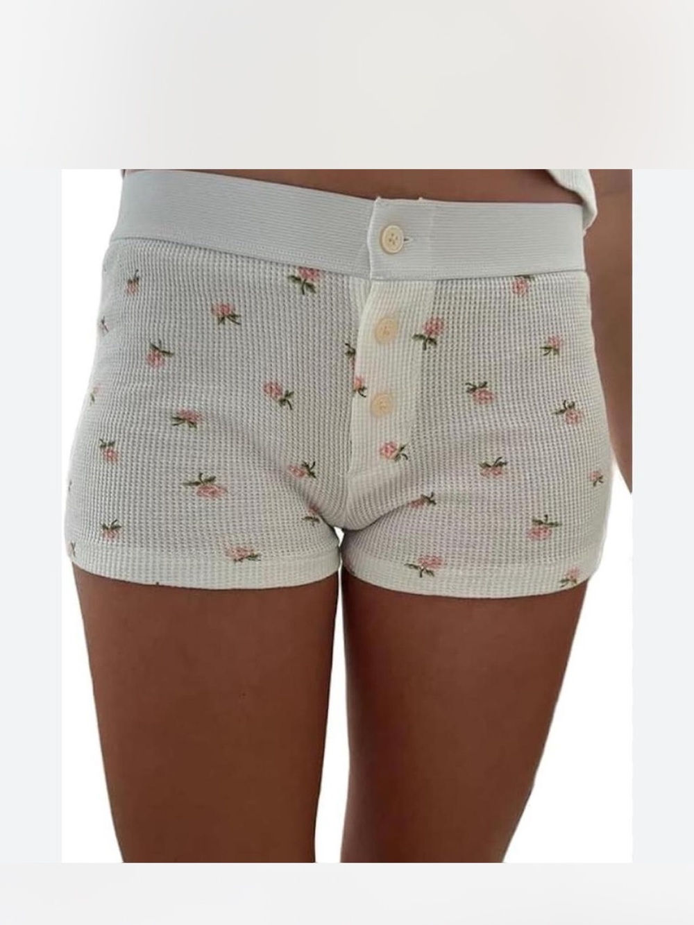 Brandy Melville Cream Floral Waffle Knit Shorts with Pink Rose Print